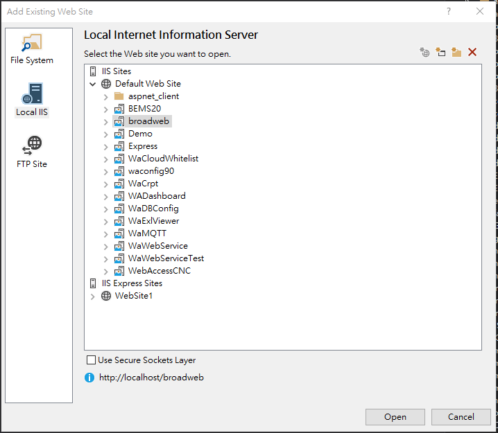 add existing web site from iis